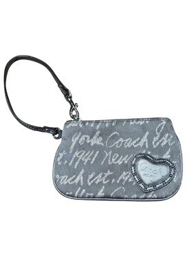 Coach Poppy Silver Script Heart Wristlet with Detachable Strap